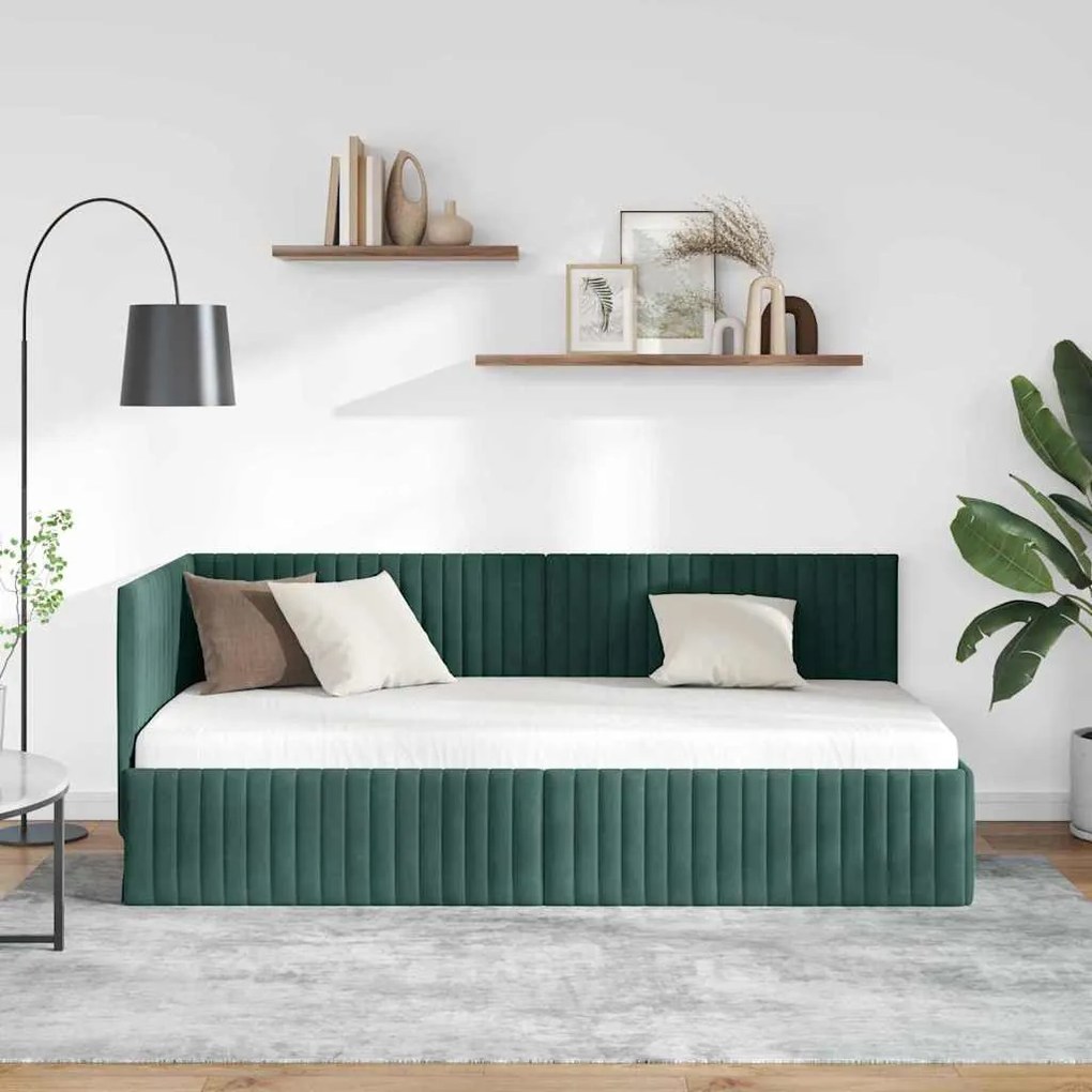 Sarokágy keret fejtámlával Sötétzöld 90 x 200 cm Bársony