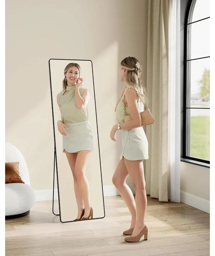 Álló tükör, teljes alakos tükör, 50 x 160 cm, alumíniumötvözet váz, edzett üveg, fekete