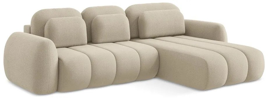 Világosbarna buklé kinyitható-tárolóhelyes sarokkanapé (jobb oldali-heverő résszel) Pele – Makamii