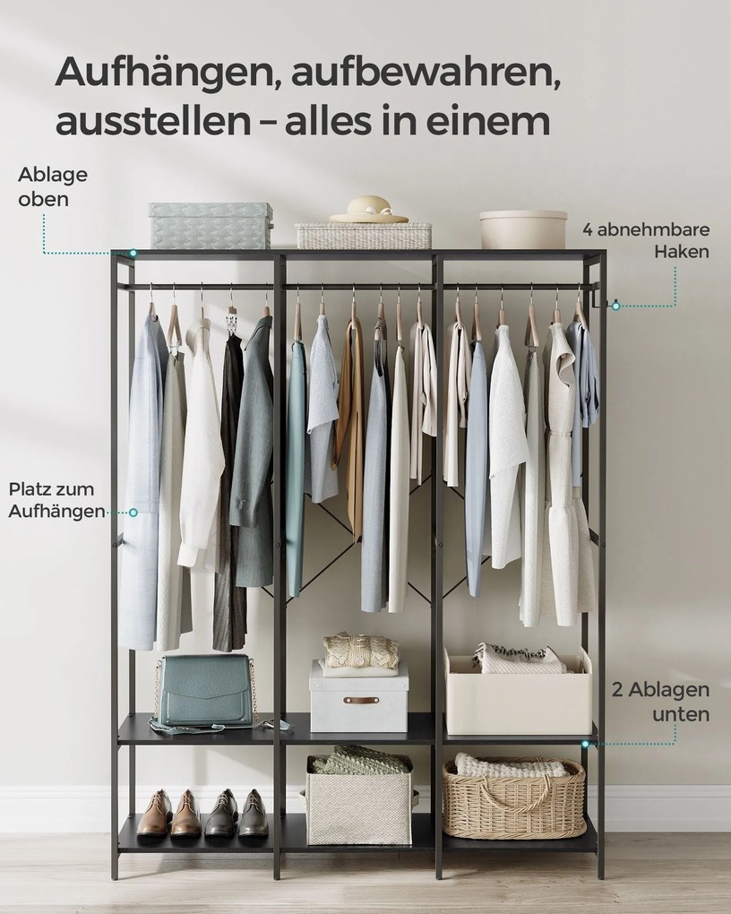 Ruhaakasztó, nyitott gardrób, polcokkal, 141x40x180cm, fekete