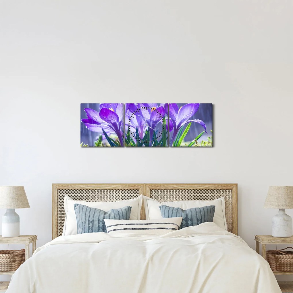 Virágok az esőben képe (órával) (90x30 cm)