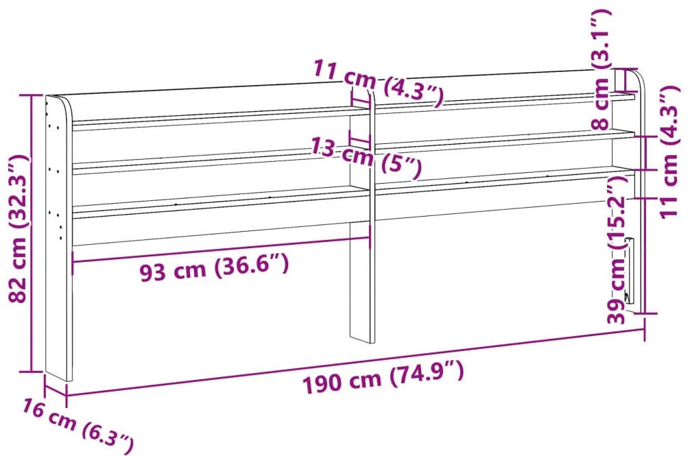 fehér tömör fenyőfa fejtámla polcokkal 180 cm