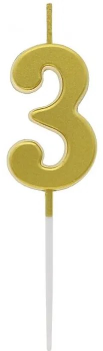 Arany Metallic számgyertya, tortagyertya 3-as