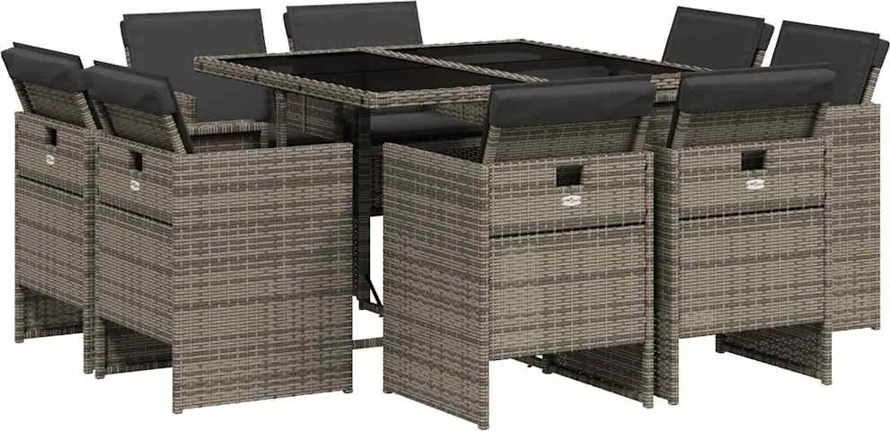 vidaXL 9 részes szürke polyrattan kerti étkezőgarnitúra párnával