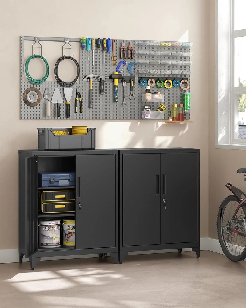 Iratszekrény, többfunkciós garázsszekrény, irodai szekrény 2 ajtóval fekete színben