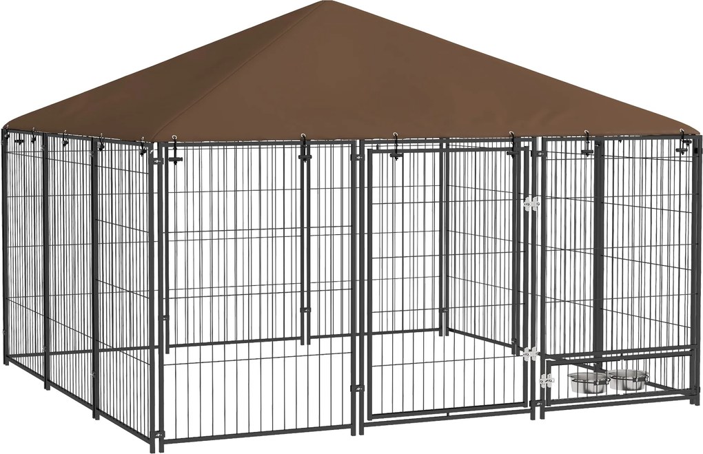 PawHut Kutyajátszóterasz Napernyővel - Kültéri Fém Kutyakerítés Forgatható Etető 2 Tálcával, 211x211x151 cm Fekete | Aosom
