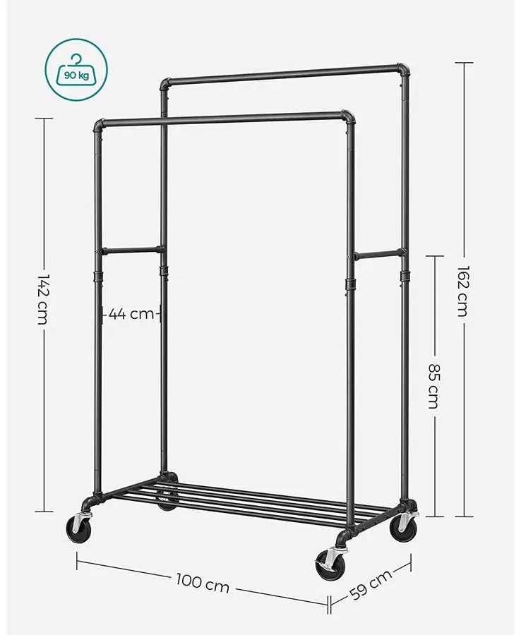 Ruhaállvány, Nagy teherbírású fém ruhatartó görgőkön, 110 kg-ig terhelhető, fekete