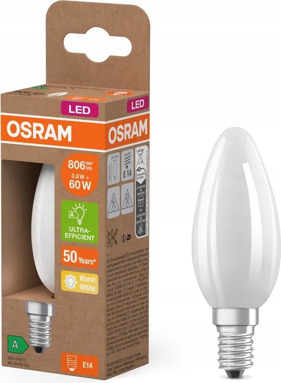 Led izzó B35 E14 3,8W 60W 806lm 2700K Filament 213lm/W A osztály Osram