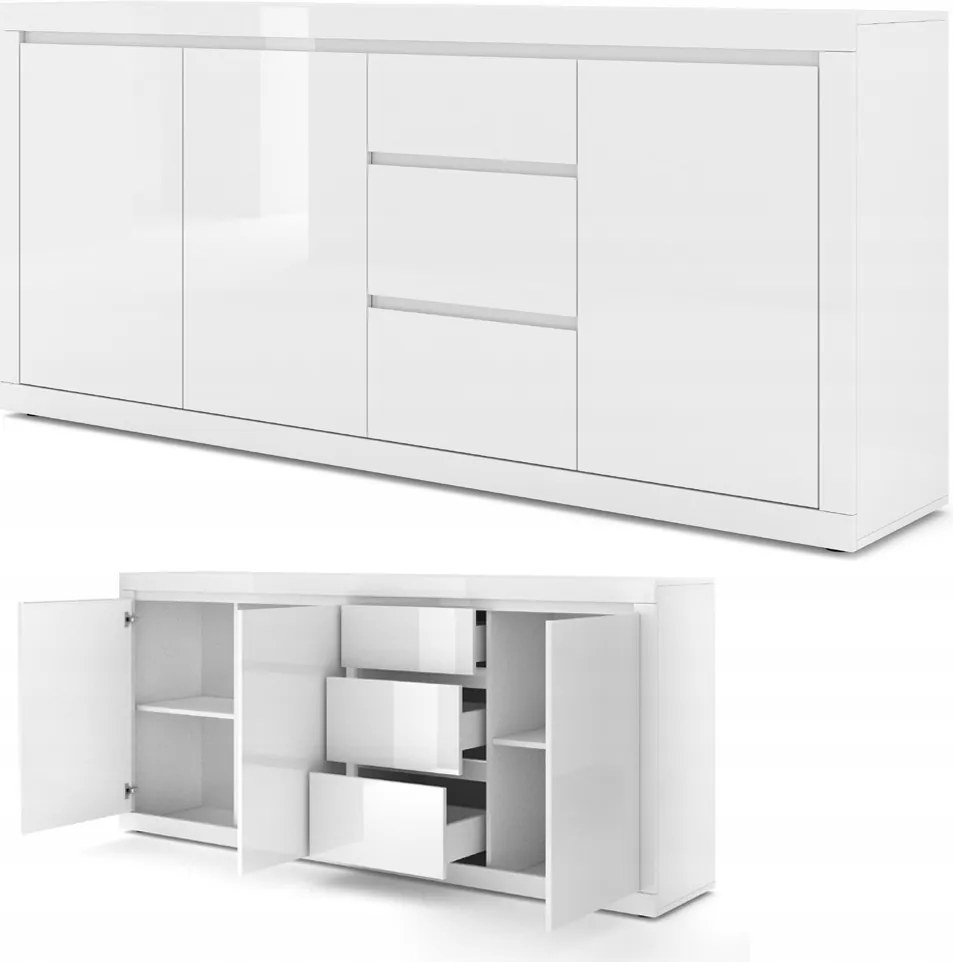 Komód 200 cm Bello Bianco IV fehér matt (test) fehér fényes (frontok)
