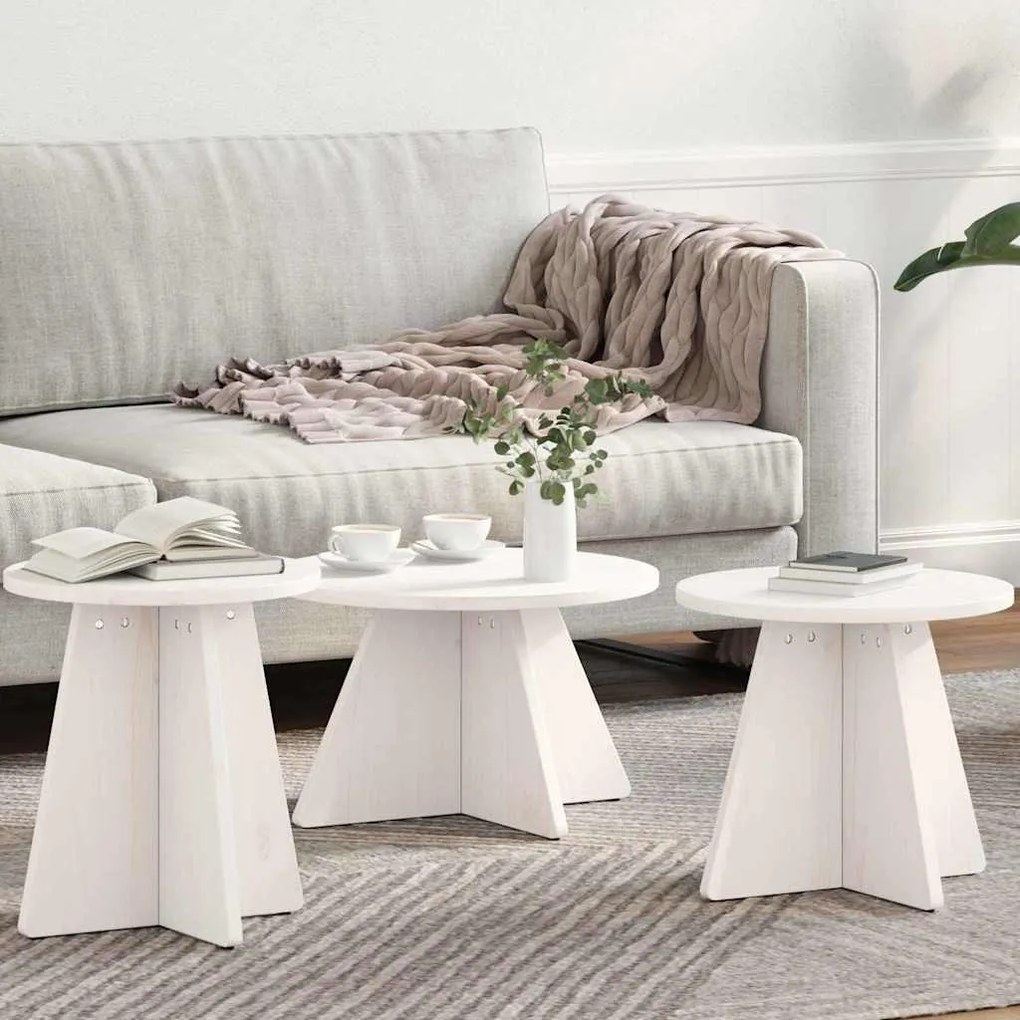 Dohányzóasztal 3 pcs Fehér 49 x 49 x 30 cm Tömör fenyőfa