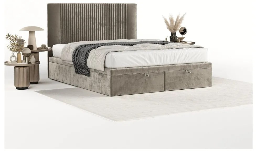 Bézs kárpitozott ágyneműtartós franciaágy 180x200 cm Mavel – Maison de Rêve