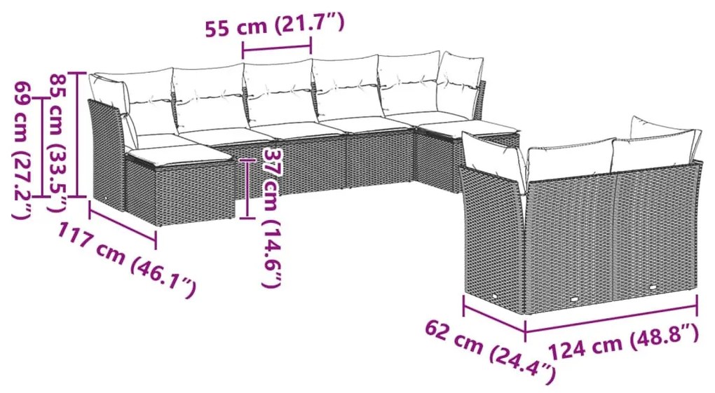 9 részes világosszürke polyrattan kerti ülőgarnitúra párnával