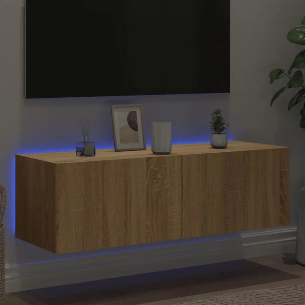 sonoma tölgy színű fali TV-szekrény LED-ekkel 100 x 35 x 31 cm