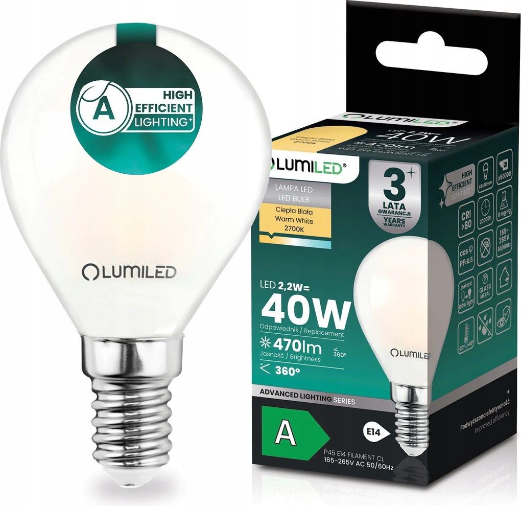 Led Izzó E14 Filament Class A 2,2W 470LM 40W 2700K 360° Golyó