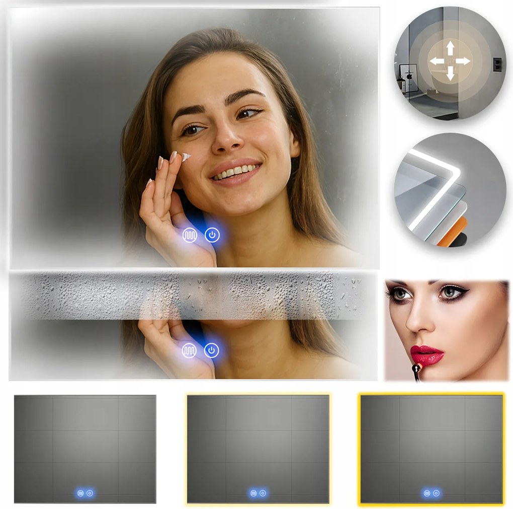 Fűthető Led-es Megvilágított Tükör 80x60cm Téglalap Alakú Fürdőszobai Érintőképernyős