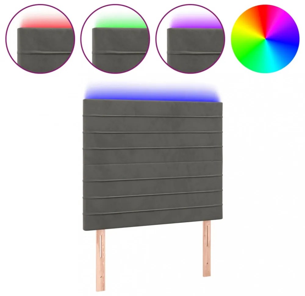 sötétszürke bársony LED-es fejtámla 80x5x118/128 cm