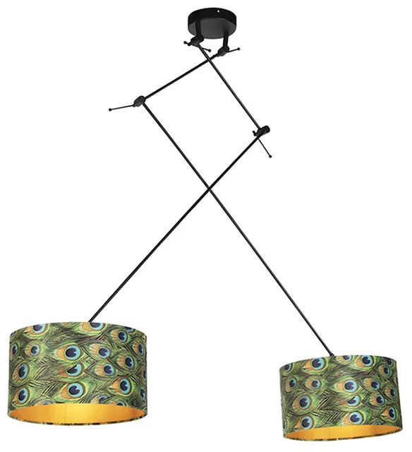 Függőlámpa fekete bársony árnyékolókkal páva mintával aranyozott 35 cm 2-lámpás - Blitz
