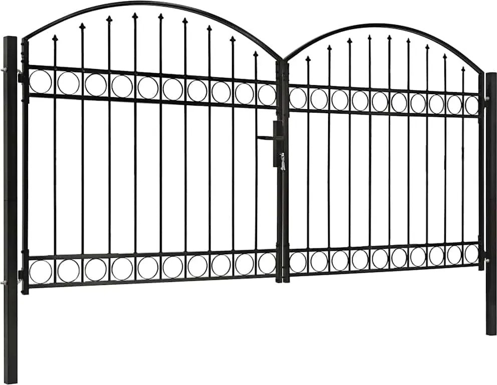 vidaXL ívelt tetejű kétajtós fekete acél kerítéskapu 300 x 125 cm