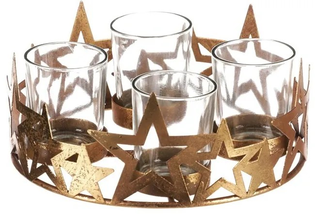 Adventi Csillag gyertyatartó üvegpoharakkal, fém, arany , 18 x 18 x 8 cm