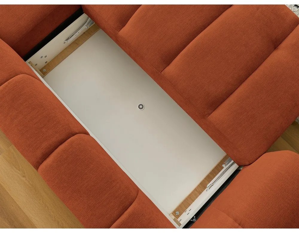 Téglavörös kinyitható-tárolóhelyes sarokkanapé (jobb oldali-heverő résszel) Fuji – Bobochic Paris