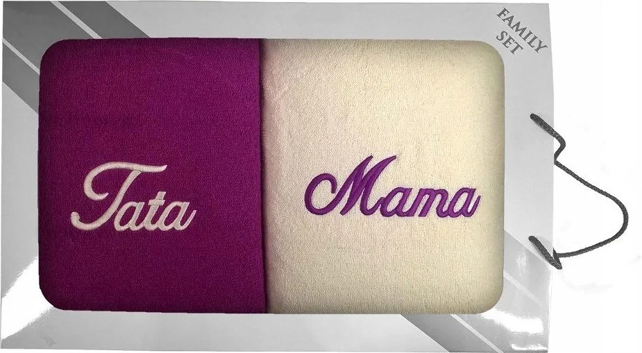 Törölköző szett dobozban 2 db 70x140 Mama Tata krémszínű lila