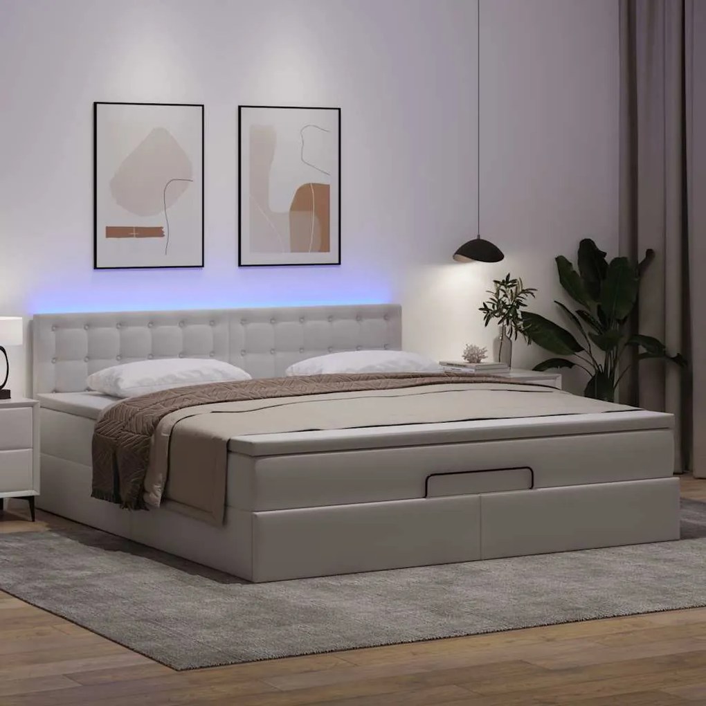 tiszta fehér műbőr ottomán ágy matracokkal &amp; LED-ek 160x200cm