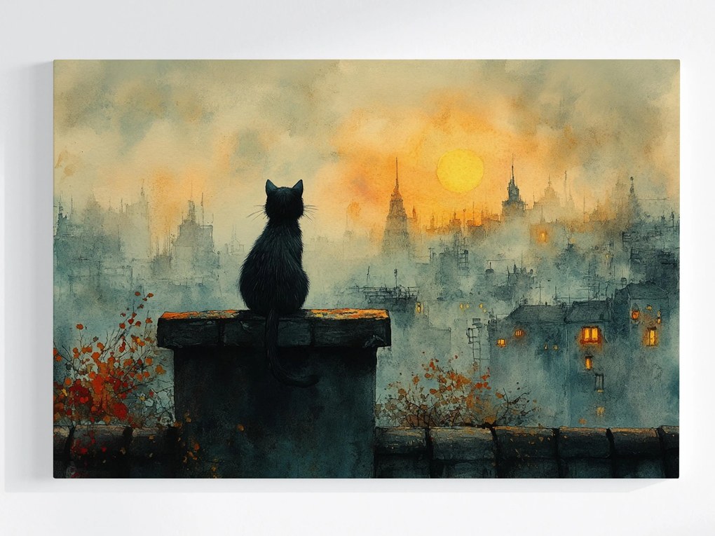 Vászonkép Canvas Város Kilátás Fekete Macska Cica Megfigyelő 120x80
