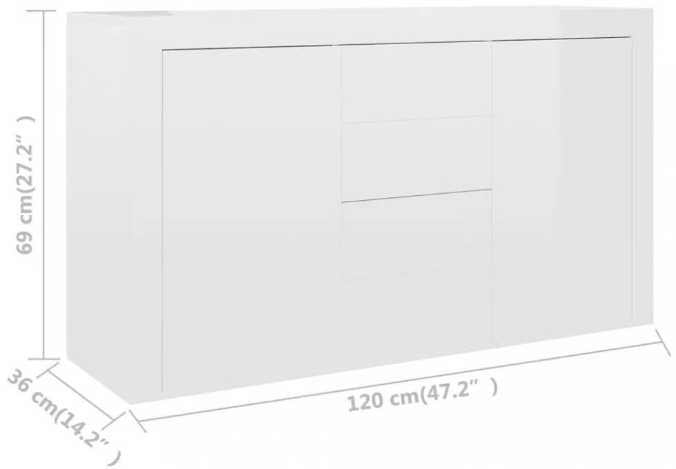 magasfényű fehér szerelt fa tálalószekrény 120 x 36 x 69 cm