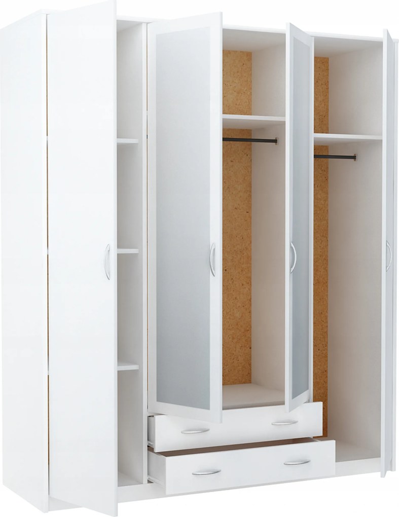 Öltözőszekrény szekrény 4D2S Fehér Rob fiókos tükör