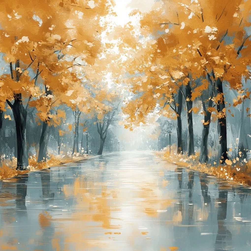 Vászonkép Canvas Út Utca Fák Ősz Eső 80x80