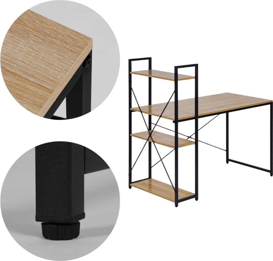 Polcos íróasztal / számítógépasztal 120×64 cm, masszív fém vázzal, fekete–aranytölgy – Intenso Home
