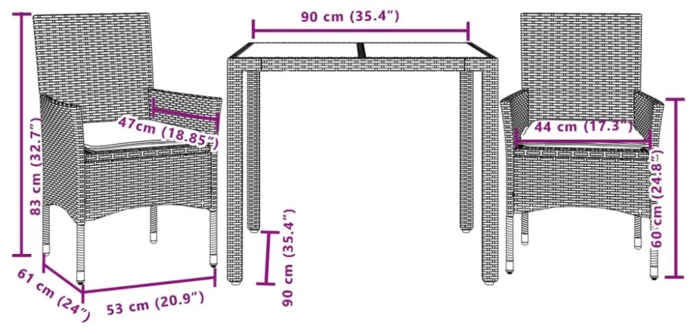 3 részes szürke polyrattan/üveg kerti étkezőgarnitúra párnával
