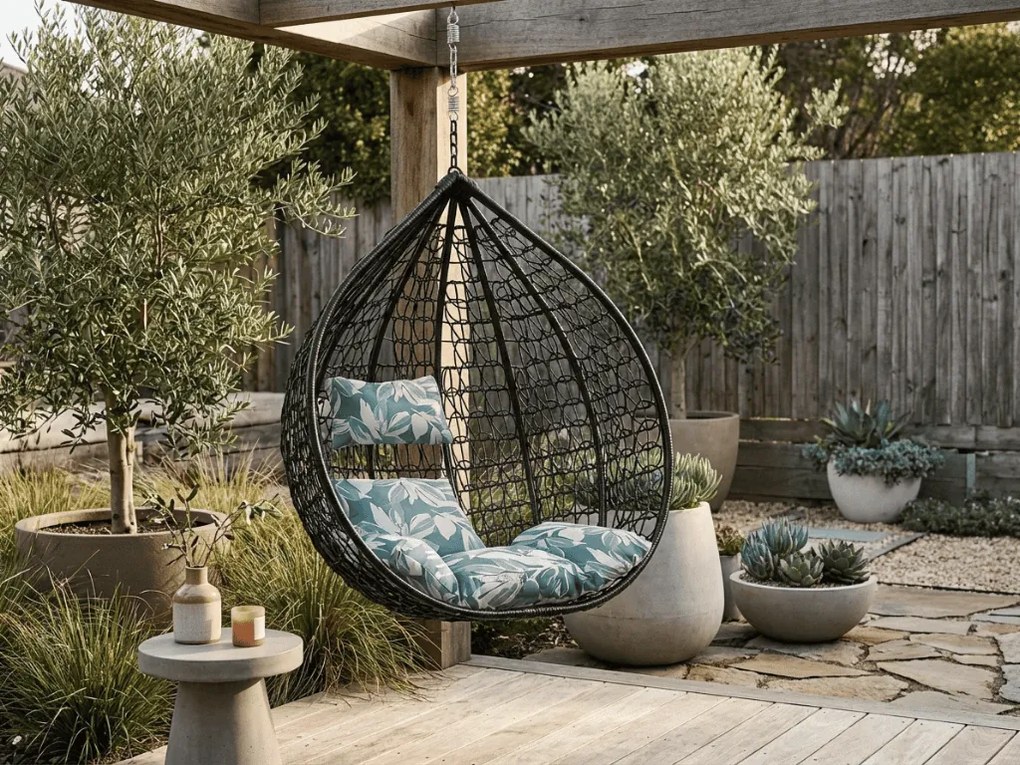 Fekete függő szék KOKON állvány nélkül, zöld-fehér párna