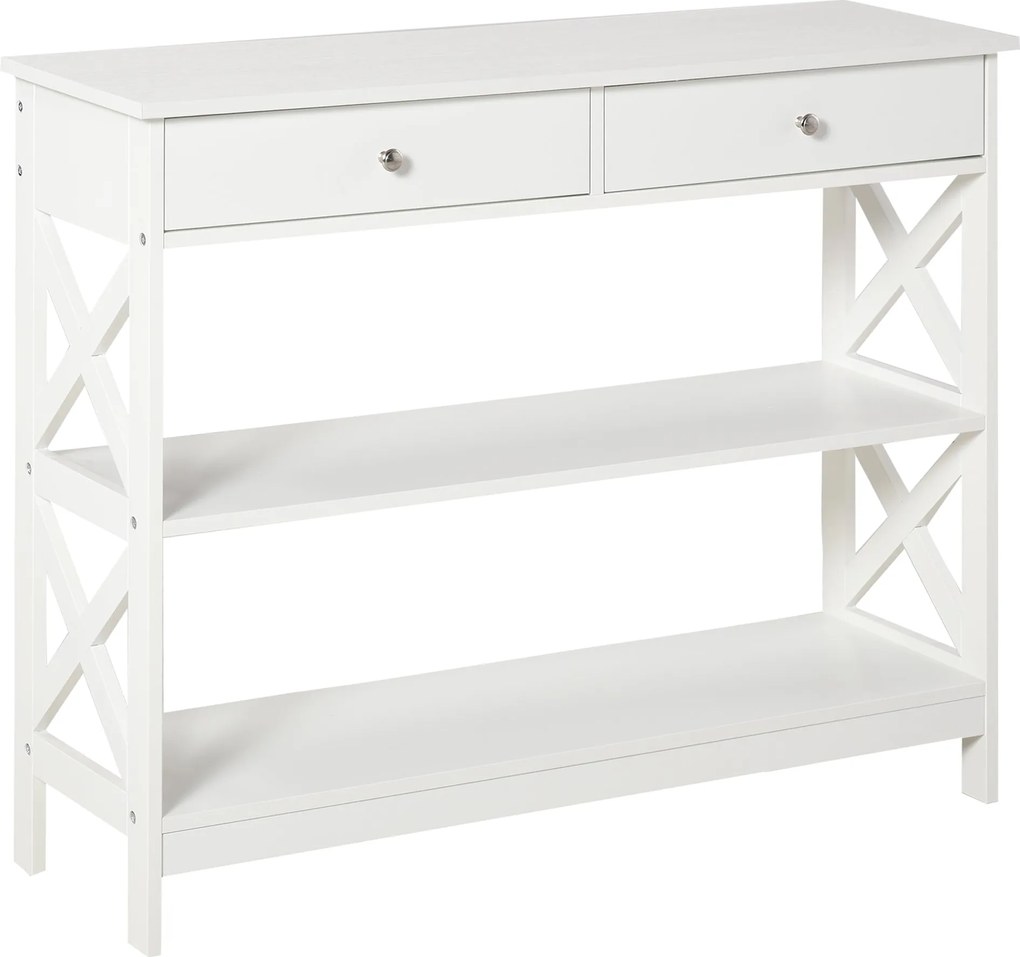 HOMCOM Előszobai Konzoltábla 2 Fiókkal és 2 Alsó Polccal - Modern Bútor, Emelt Alap, Felborulásgátló, 100x30,5x80 cm, Fehér | Aosom