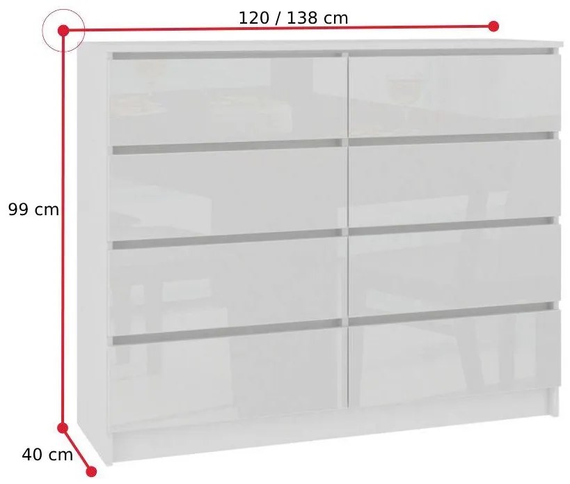 ARMARIA K140 8SZ komód, 138x99x40, fehér/magasfényű metalik
