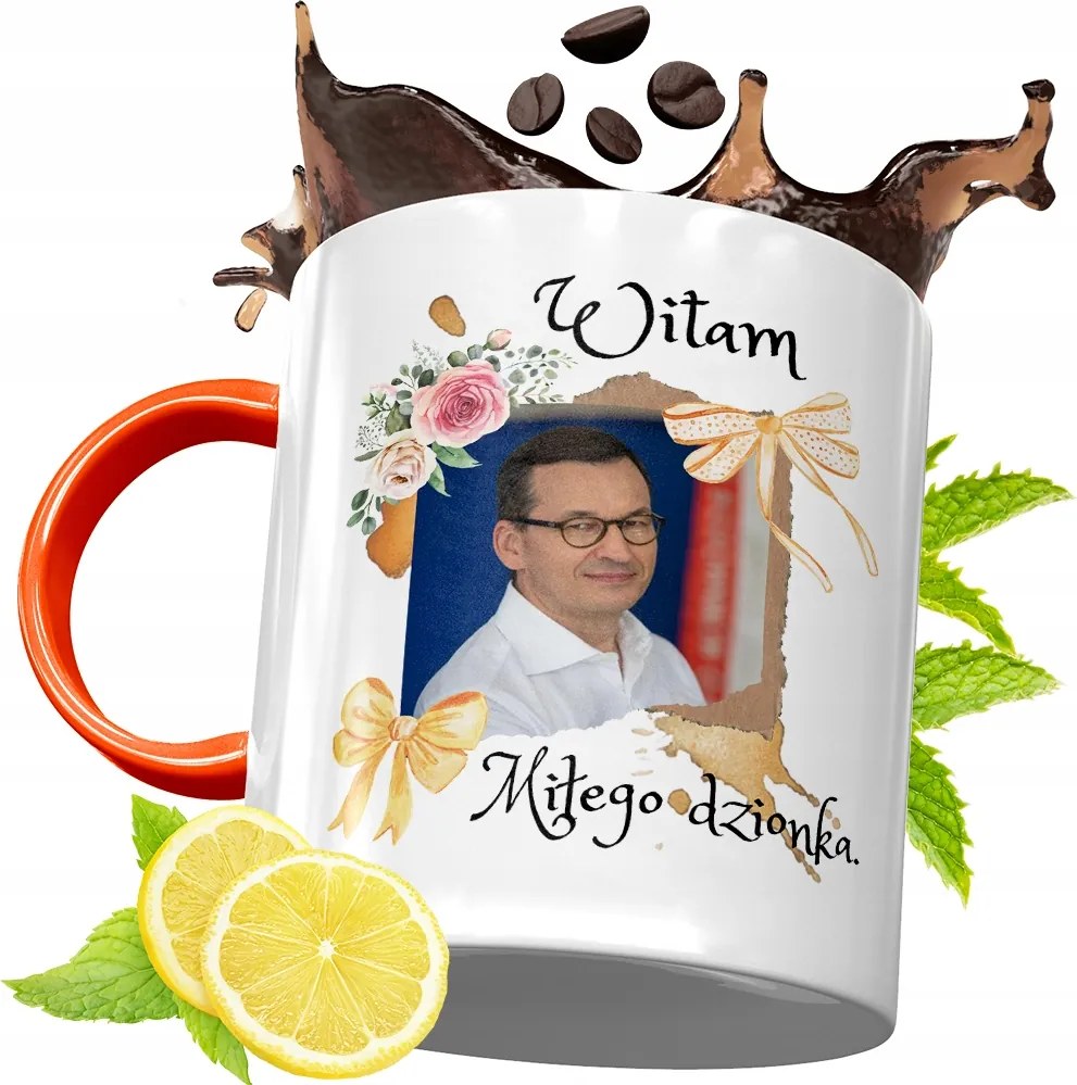 Narancssárga Bögre Mateusz Morawiecki Ajándék fényképes nyomtatással