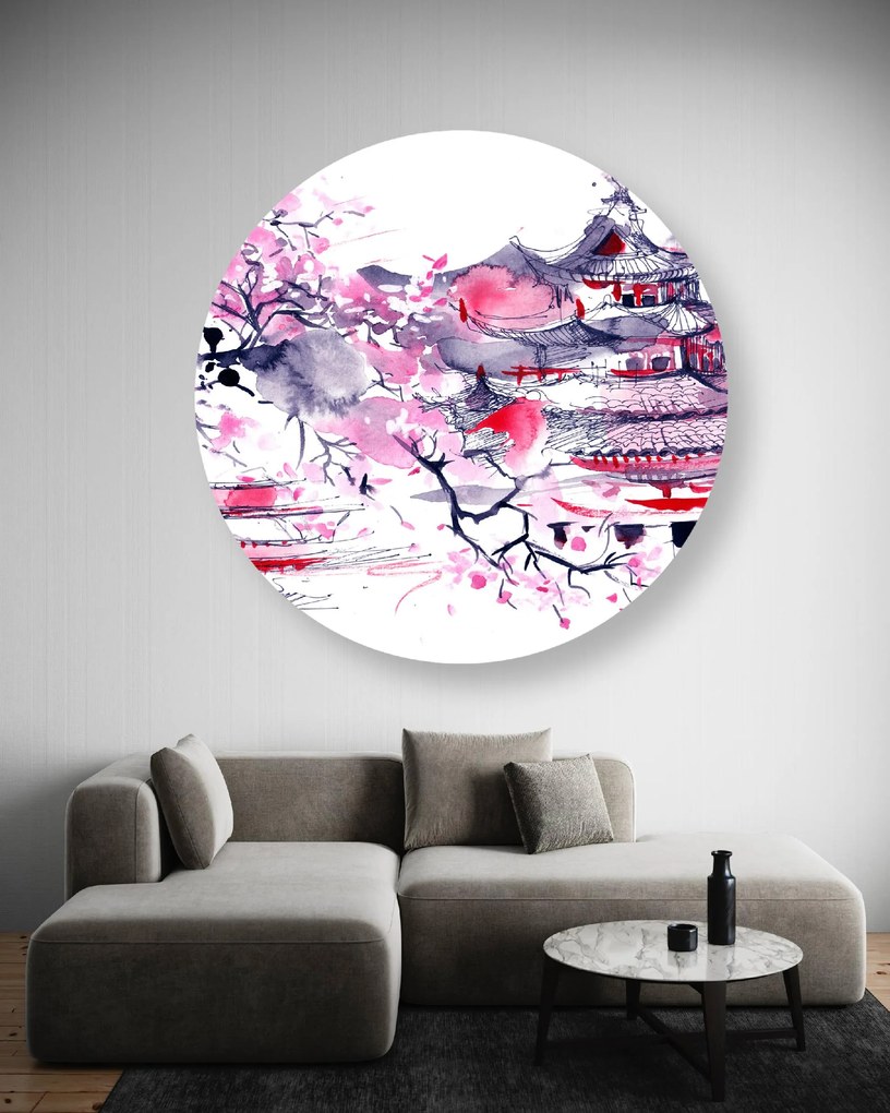 Gario Kerek vászonkép Japán pagoda és cseresznyevirág Méret: 40 x 40 cm