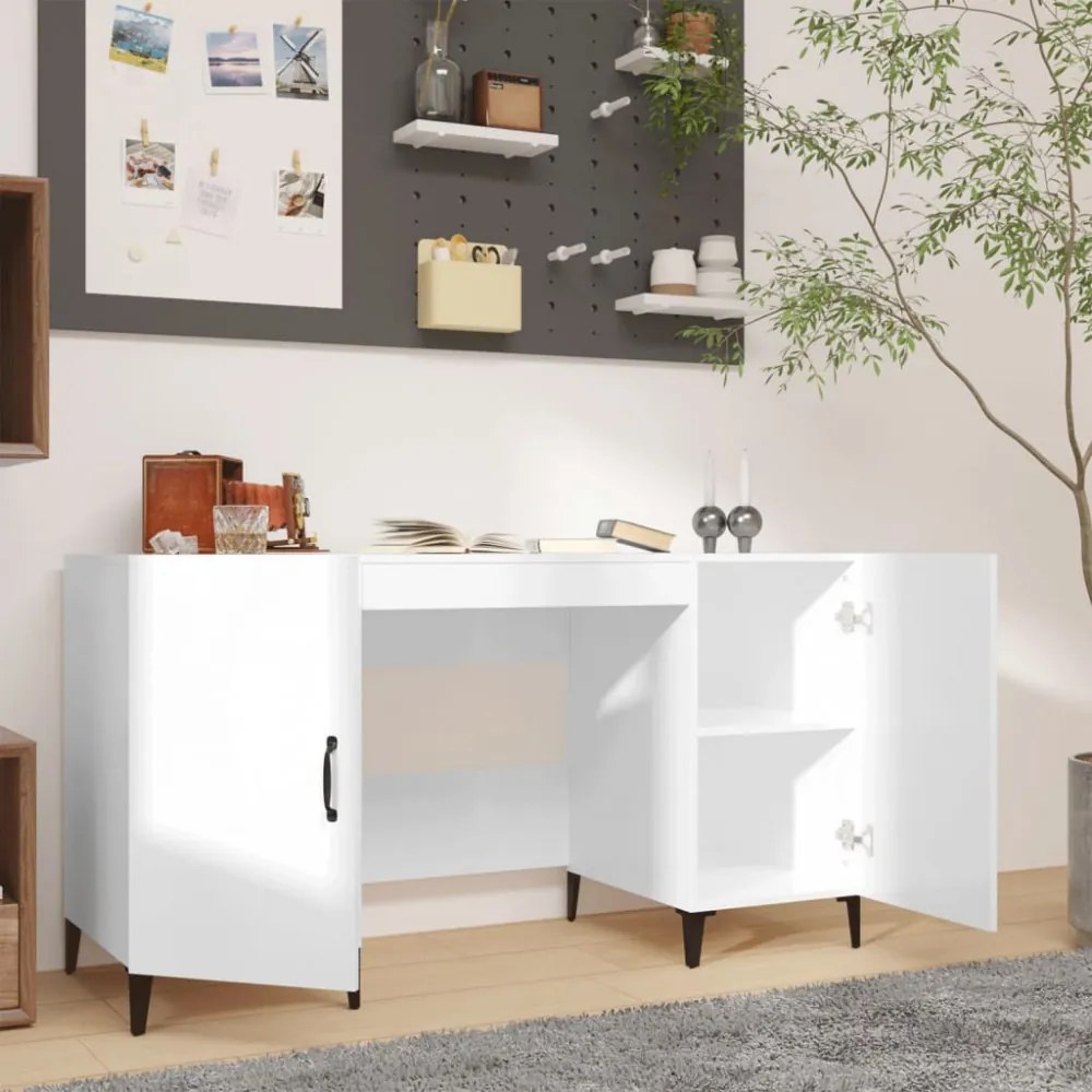 magasfényű fehér színű szerelt fa íróasztal 140 x 50 x 75 cm