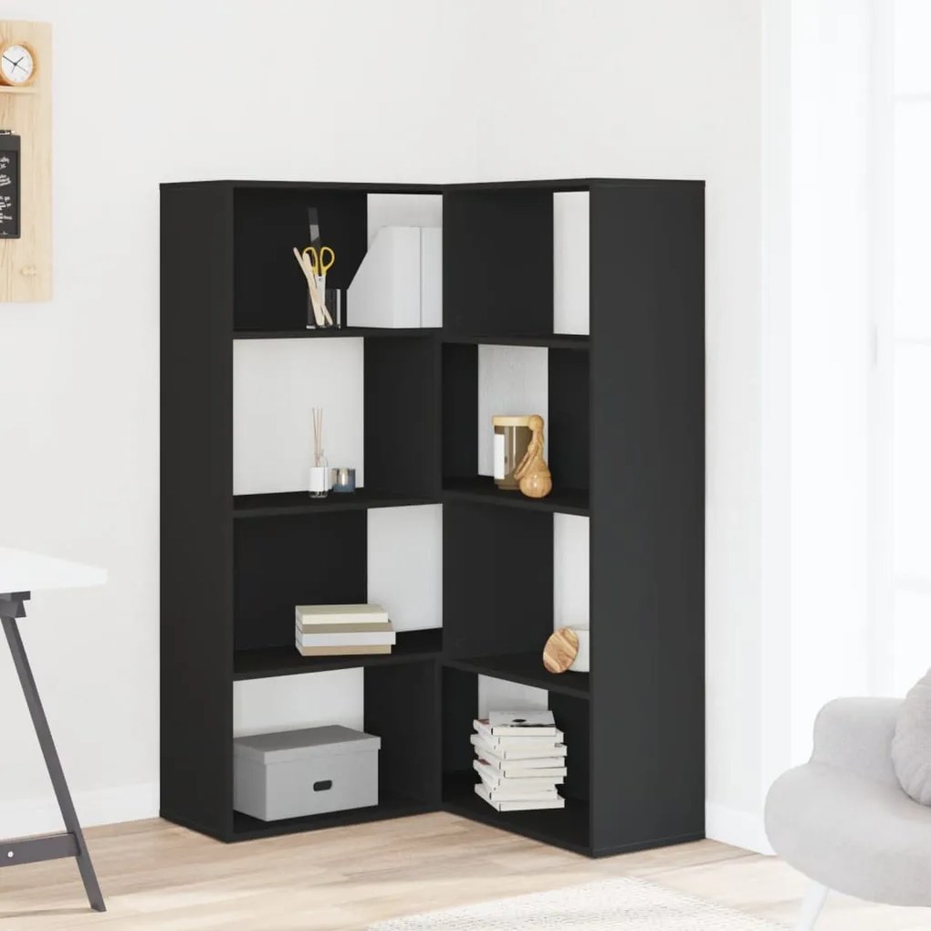4 szintes fekete szerelt fa sarokkönyvespolc 85 x 85 x 140 cm