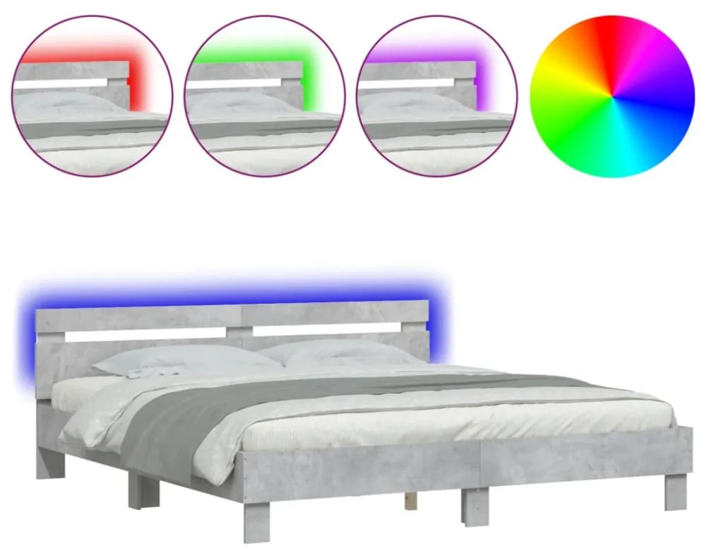 betonszürke ágykeret fejtámlával és LED-del 160 x 200 cm