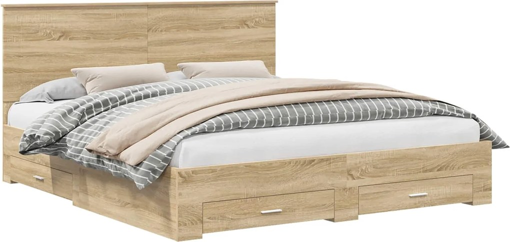 vidaXL Ágykeret fejtámlával fiókkal Sonoma tölgy 200 x 200 cm Faanyag