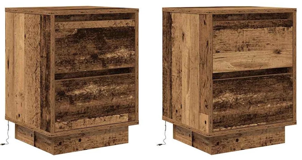 2 db antik fa éjjeliszekrények LED világítással 38x34x50 cm