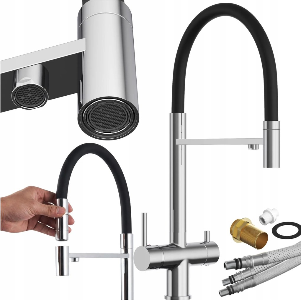 Konyhai csaptelep Csaptelep Flexibilis kifolyócső fekete háromutas Como Króm