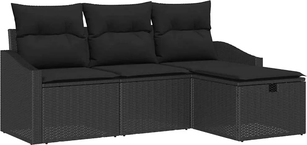 vidaXL Kanapé Szett párnával tárolóval 4 pcs Fekete polirattan