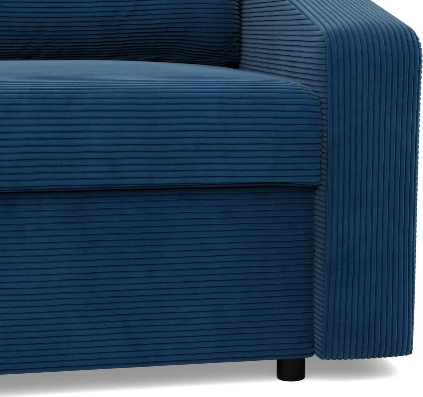 Zeus sarokkanapé, 1 ágyneműtartóval, döntött kartámasz, kordbársony, univerzális oldal, hab töltet, kék