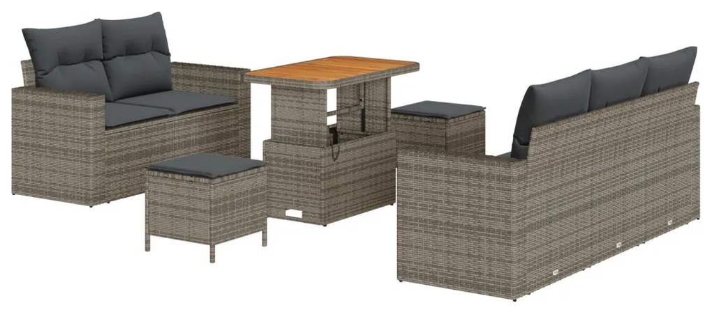 8 darabos kerti kanapé szett párnákkal, szürke poli rattan, akácia, 3 darabos kerti étkező szett párnákkal, szürke poli rattan, akácia