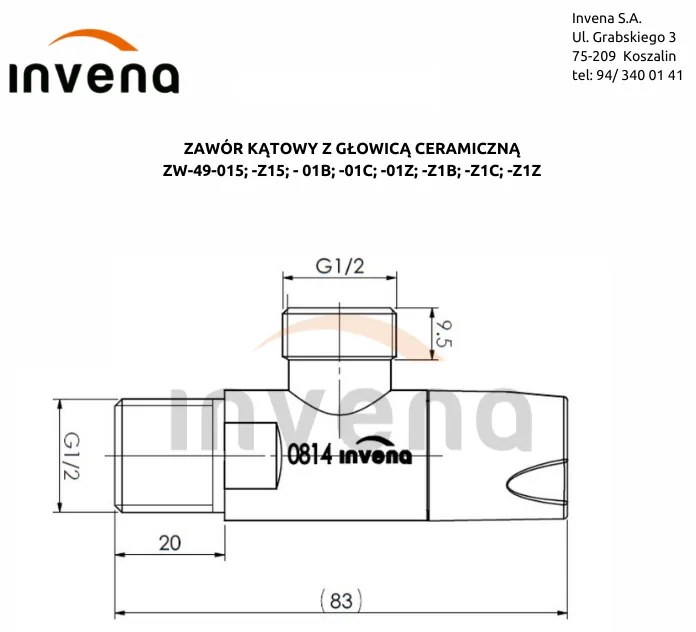 Invena kerámia fejszögszelep 1/2" X 1/2", arany fényes, INV-ZW-49-01Z-W