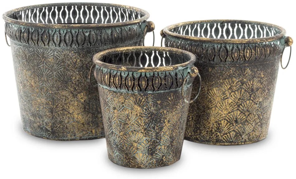 Kaspó 3 db-os szett, sötét arany fém, patinás 22x30.5x27.5 20x25x22 18x20x17cm