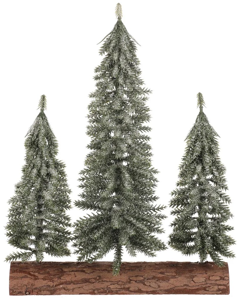 Karácsonyi dekoráció Fenyőfák tuskón - trió, 34 cm, fagyos, zöld