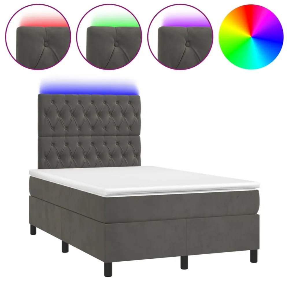sötétszürke bársony rugós és LED-es ágy matraccal 120x200 cm